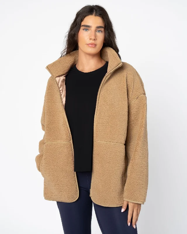 Women's Yoga Tops with Open Back -Sherpa Chalet Jacket - Teddy Brown