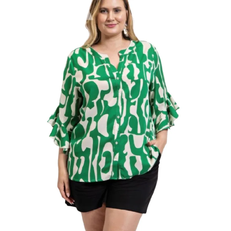 Soft Yoga Tops for Relaxation and Practice -Geometric print ruffled bell sleeve woven top Soft Yoga Tops for Relaxation and Practice -Geometric print ruffled bell sleeve woven top