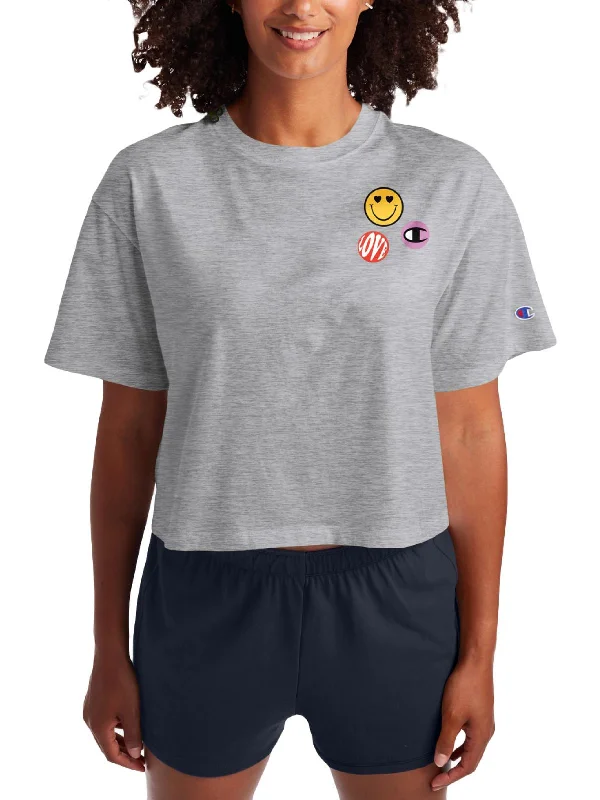 Yoga Tops for Deep Stretching Poses -Get Happy Womens Crop Graphic Pullover Top