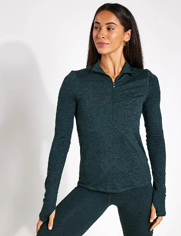 Yoga Tops with Moisture-Wicking Technology -ReSet Mock Neck Half Zip - Moss Heather