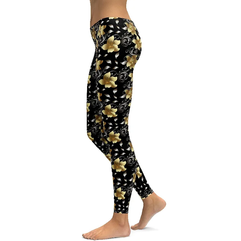 Yoga Pants with Deep Stretch -Golden Flowers Leggings