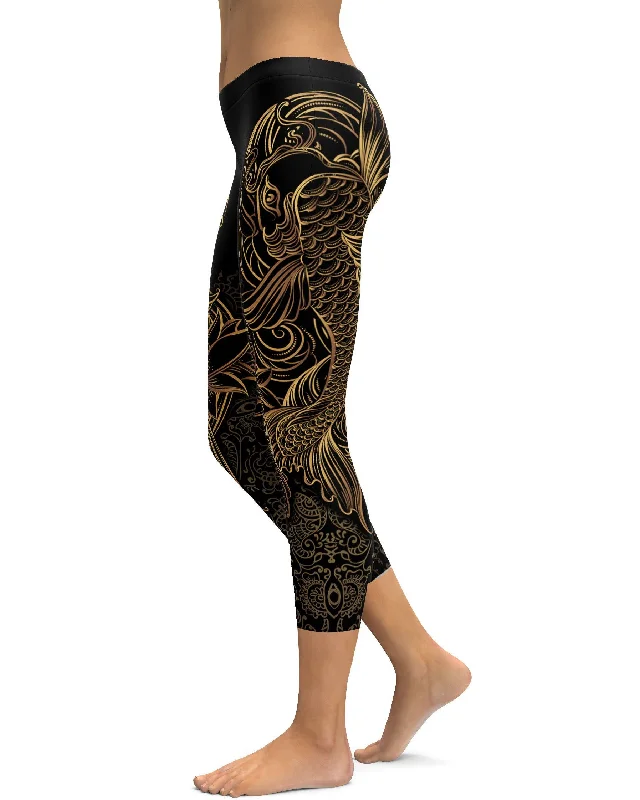 Yoga Pants for Deep Stretching -Golden Oriental Koi Fish Capris