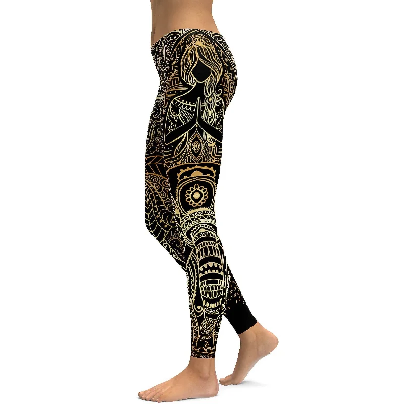 High-Waisted Yoga Pants for Tummy Control -Golden Ornamental Elephant Leggings