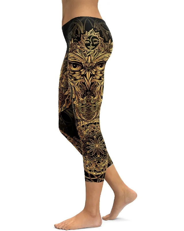 Soft Yoga Pants for Relaxation -Golden Ornamental Owl Capris