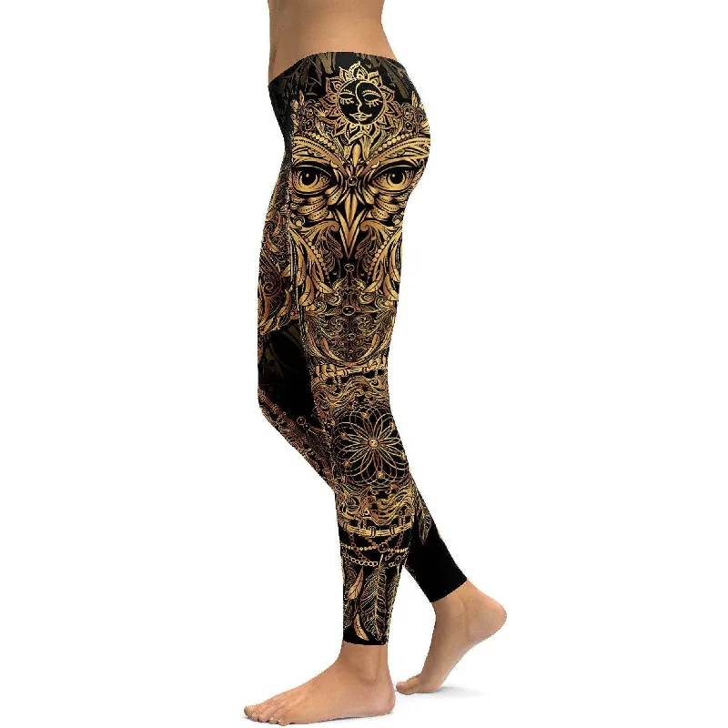 Yoga Pants for Full Range of Motion -Golden Ornamental Owl Leggings