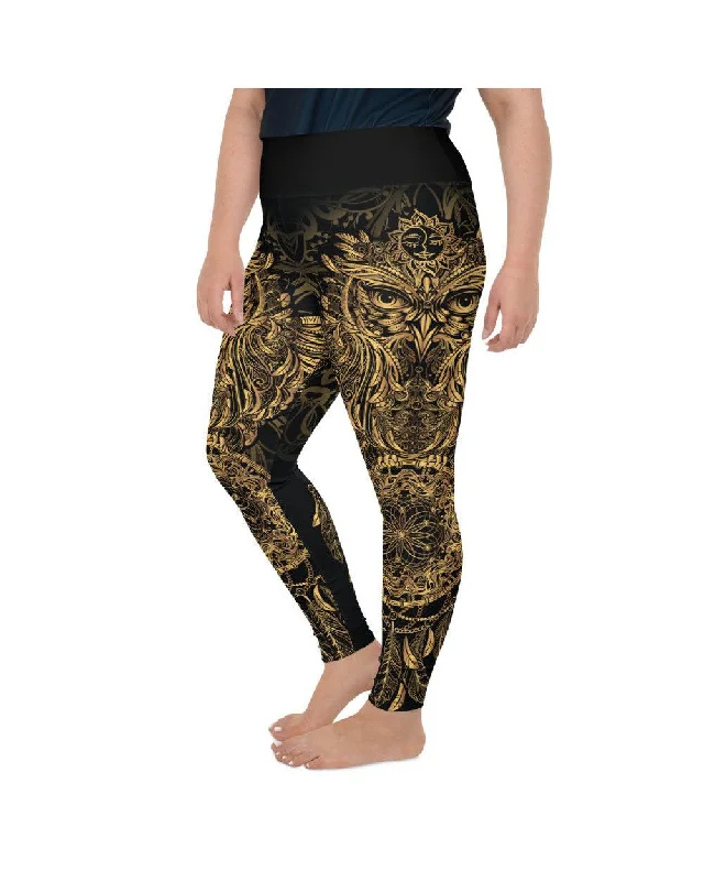 Breathable Leggings for Yoga -Golden Ornamental Owl Plus Size Leggings