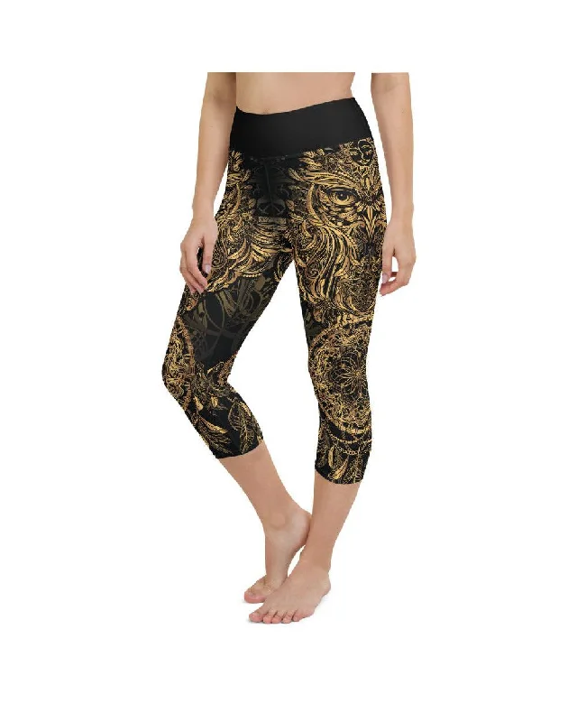Yoga Pants for Quick Poses -Golden Ornamental Owl Yoga Capris