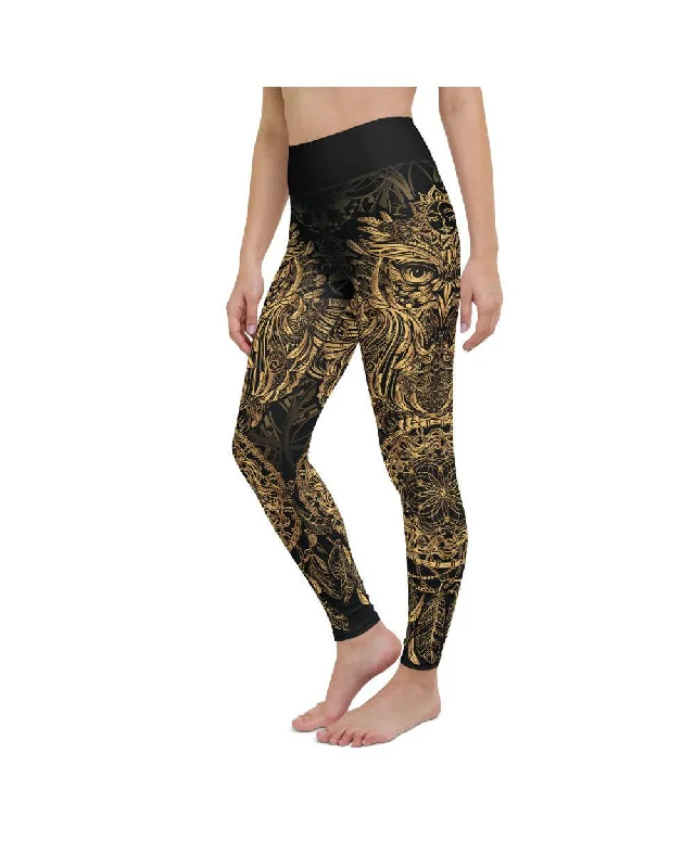 High-Waisted Yoga Pants with Tummy Control -Golden Ornamental Owl Yoga Pants