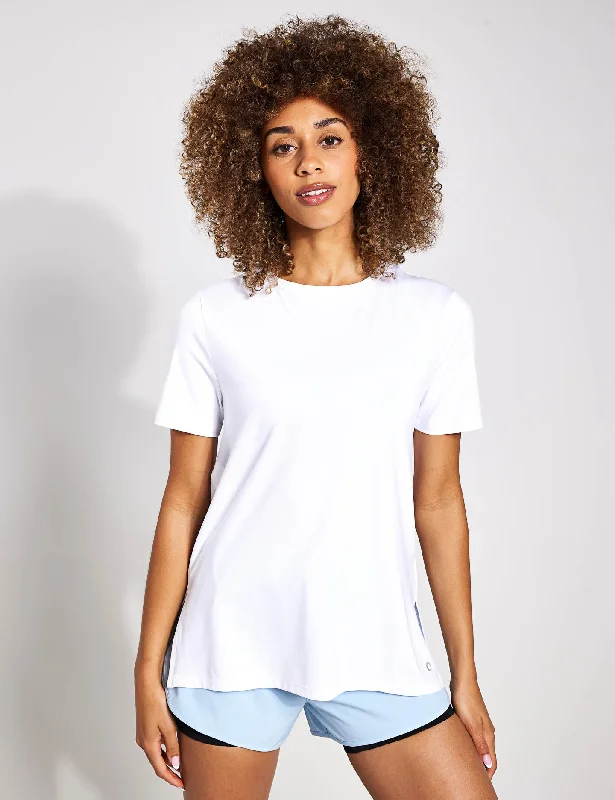 Yoga Tops with Built-In Support Bra -Scoop Neck Mesh Back T-Shirt - White