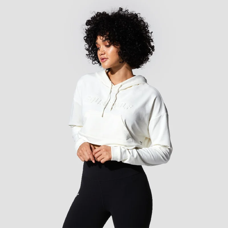 Performance Yoga Tops for Women -Graphic Wordmark Crop Hoodie - Star White