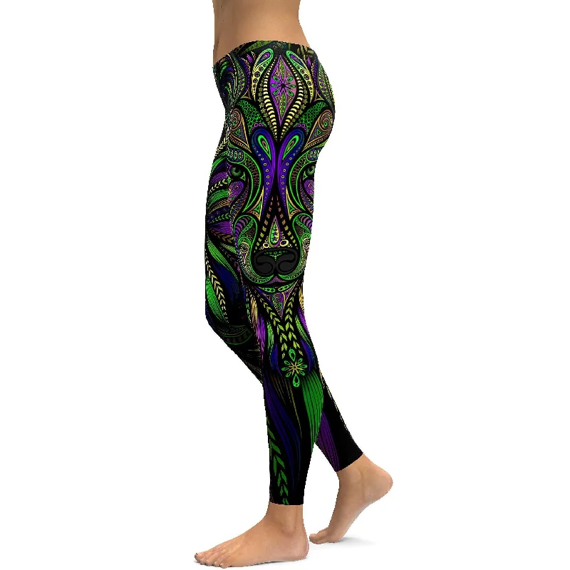 Comfortable Fit Yoga Pants -Green Colorful Wolf Leggings