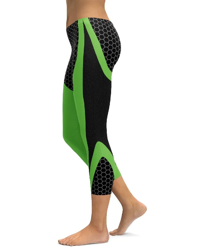 Yoga Pants with Seamless Waistband -Green Honeycomb Carbon Capris