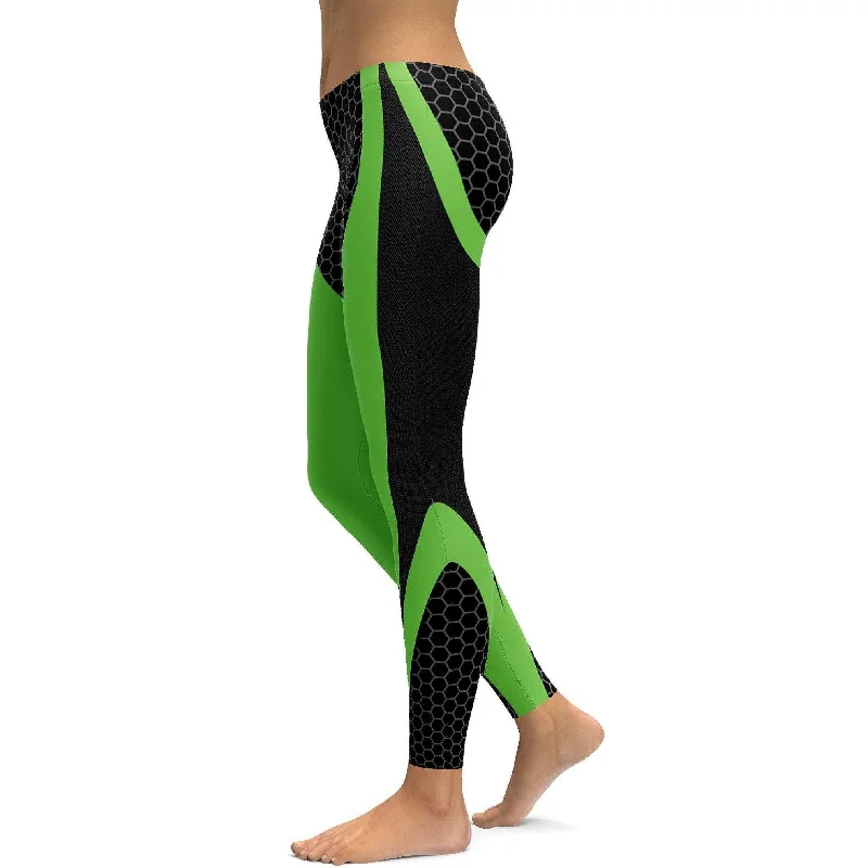 Yoga Pants with Comfort and Compression -Green Honeycomb Carbon Leggings