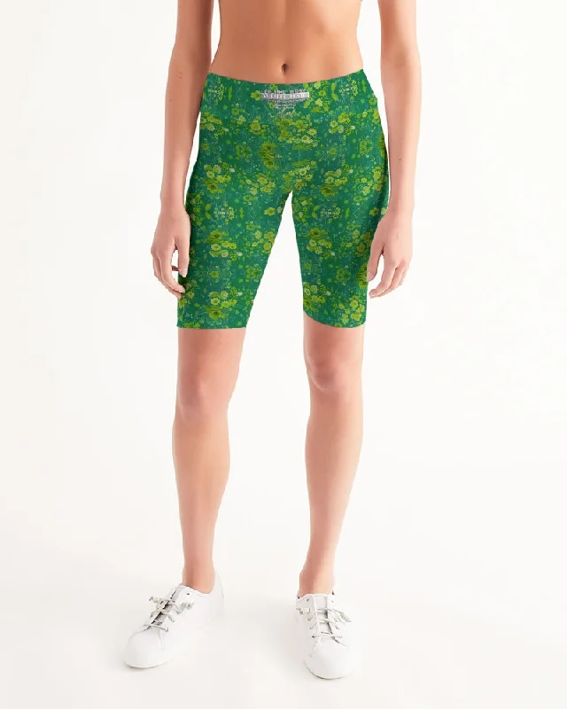 Yoga Shorts for Daily Flexibility -Green lush Repeat pattern Women's Mid-Rise Bike Shorts Yoga Shorts for Daily Flexibility -Green lush Repeat pattern Women's Mid-Rise Bike Shorts
