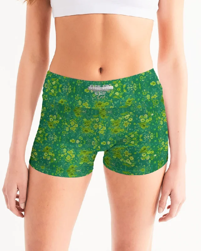 Yoga Shorts for Deep Stretch and Poses -Green lush Repeat pattern Women's Mid-Rise Yoga Shorts Yoga Shorts for Deep Stretch and Poses -Green lush Repeat pattern Women's Mid-Rise Yoga Shorts