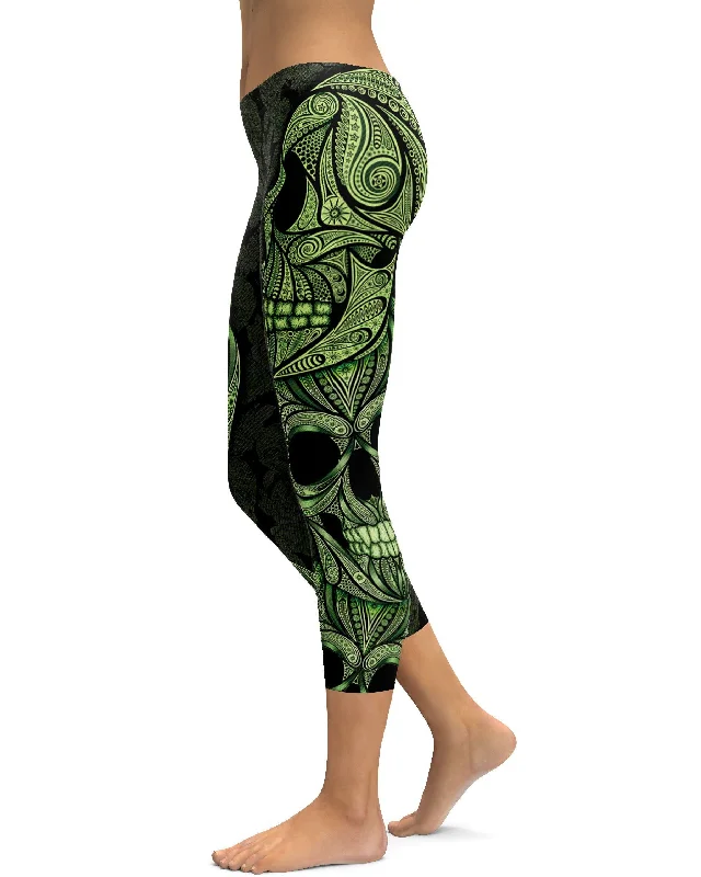 Premium Performance Yoga Pants -Green Ornamental Skull Capris