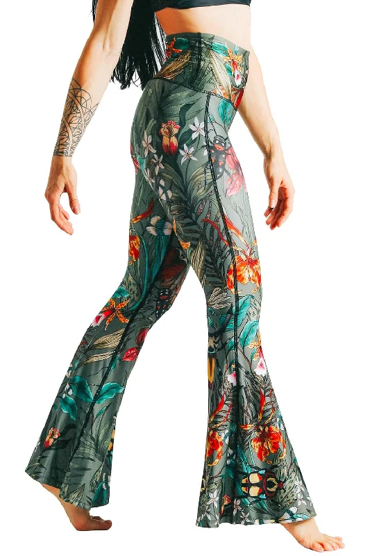 Soft Yoga Pants with Supportive Waist -Green Thumb Printed Bell Bottoms