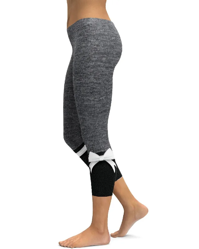 Comfortable Yoga Pants with High Waistband -Grey Faux Heathered Bow Capris