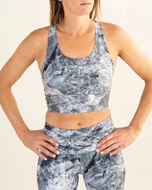 Yoga Pants for Low-Impact Exercise -Grey Marble Longline Sports Bra