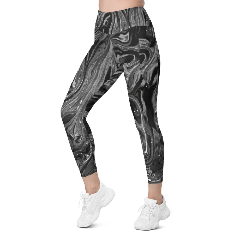 Yoga Pants for Full Coverage -Grey Swirl Leggings with Pockets