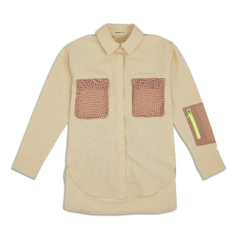 Yoga Tops with Built-In Support -Grid Fleece Hiking Overshirt - Resale