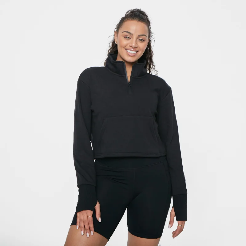 Yoga Tops for Hot Yoga and Stretching -Hailey Cropped Half Zip - Black