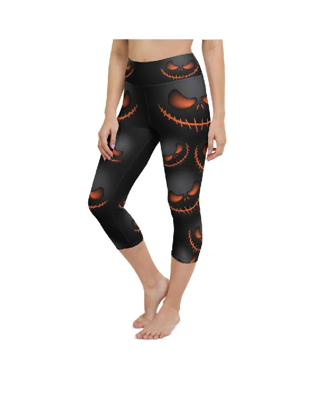Yoga Pants with Deep Stretch -Halloween Evil Pumpkin Grin Yoga Capris