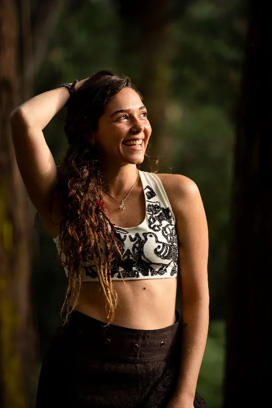 Yoga Tops for Studio and Gym Workouts -Hand Woven Patchwork Art Yoga Bra - Cream