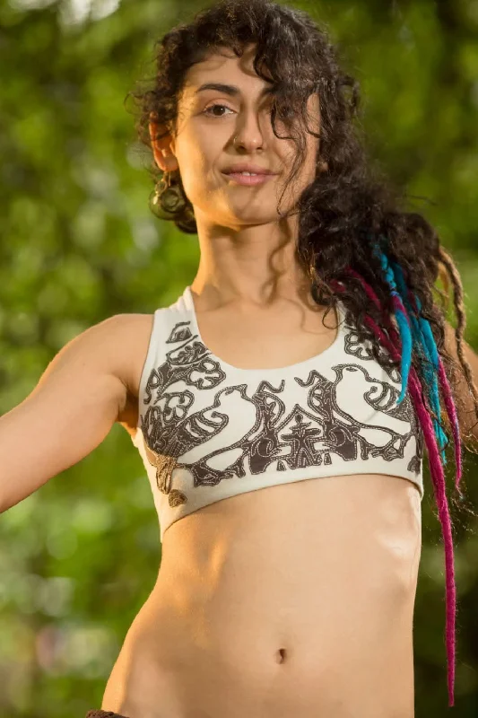 Yoga Tops with Adjustable Straps for Better Fit -Hand Woven Patchwork Art Yoga Bra - White