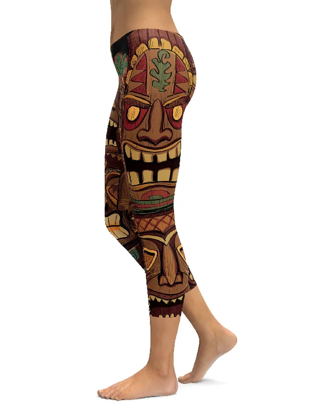 Yoga Pants with Built-In Control -Hawaiian Tiki Masks Capris
