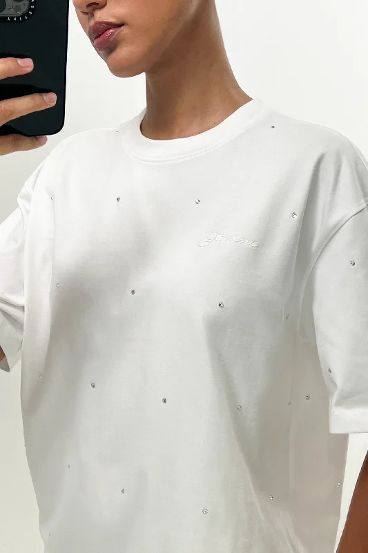 Breathable Yoga Tops for Comfortable Practice -Heavy Cotton Drop Shoulder Rhinestone T-shirt - Bright White
