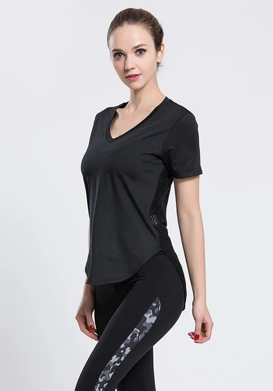 Women's Yoga Tops with Mesh Panels -Neck Top T-shirt