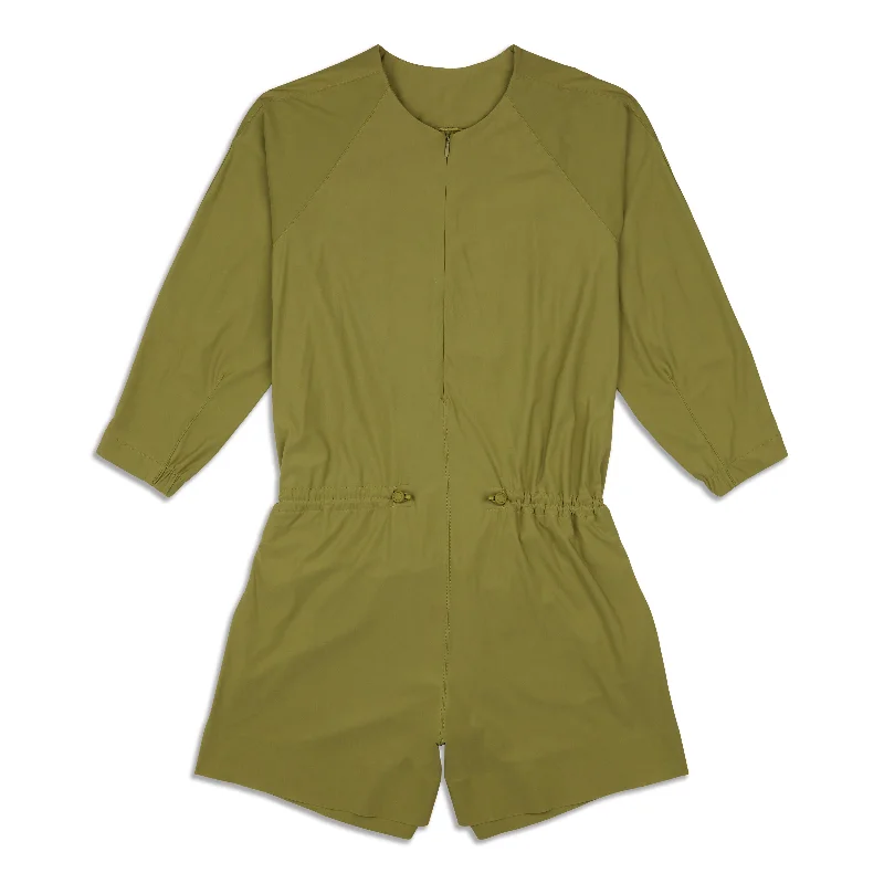 Yoga Tops for Flexibility and Stretch -High Neck UVP Zippered Romper - Resale