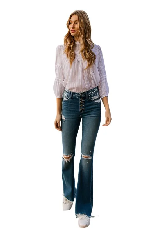 Yoga Shorts for Relaxing and Yoga Poses -High Rise Distressed Raw Hem Flare Jeans by Flying Monkey Yoga Shorts for Relaxing and Yoga Poses -High Rise Distressed Raw Hem Flare Jeans by Flying Monkey