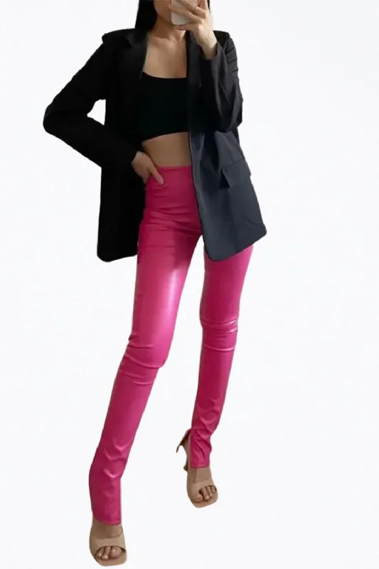 Soft Yoga Shorts for Relaxation and Yoga -High-Rise Vegan Leather Side Split-Hem Pants In Hot Pink