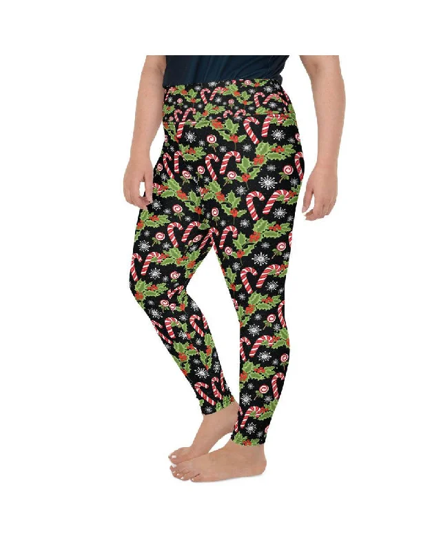 Yoga Pants for Quick Poses -Holly Leaves with Berries Plus Size Leggings