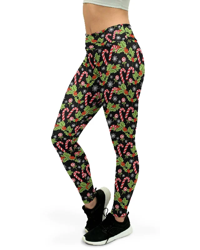 Stretch Yoga Pants for Active Women -Holly Leaves with Berries Yoga Pants