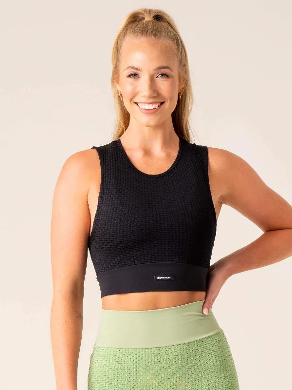 High-Cut Yoga Tops for Women -Honeycomb Seamless Tank - Black