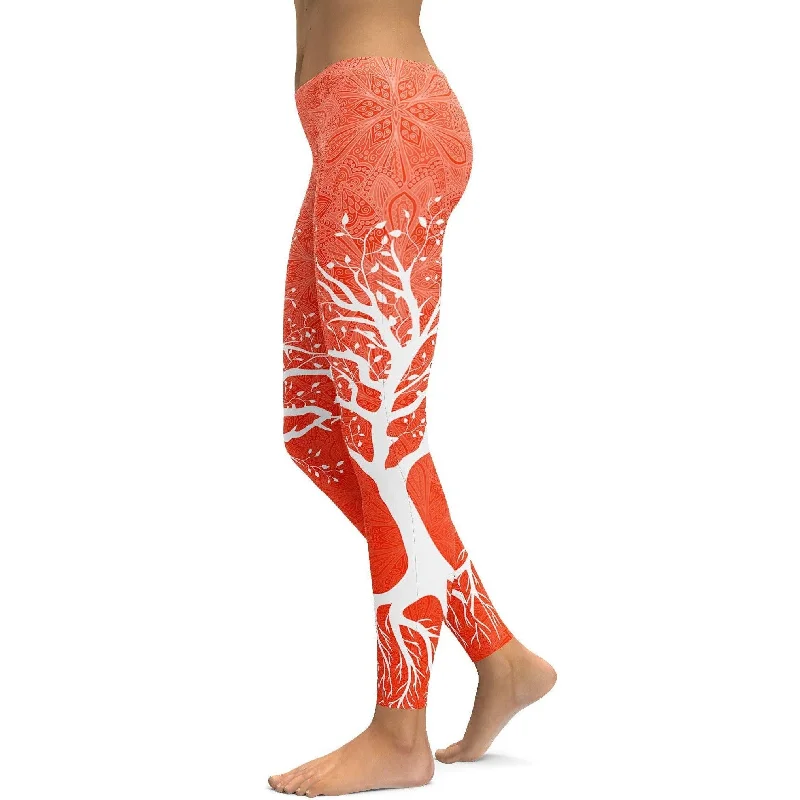 High-Waisted Yoga Pants for Tummy Control -Hot Orange Tree of Life Leggings