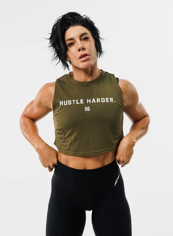 Stylish Yoga Tops with Adjustable Fit -HUSTLE HARDER CROP TANK - OLIVE