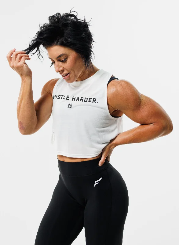 Women's Yoga Tops with Stretchy Fit -HUSTLE HARDER CROP TANK - WHITE