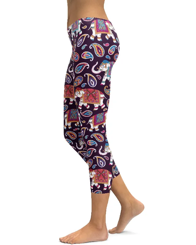 Yoga Pants with Moisture-Wicking Fabric -Indian Elephant Pattern Capris