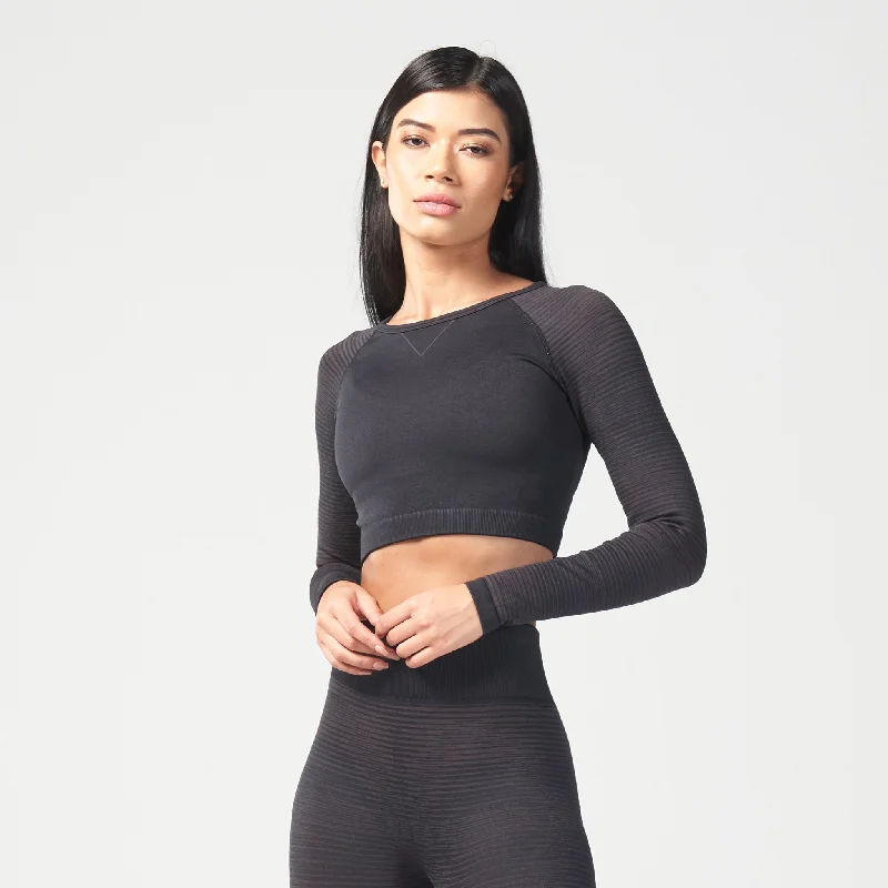 Yoga Tops for Increased Flexibility -Infinity Stripe Seamless Crop Top - Black