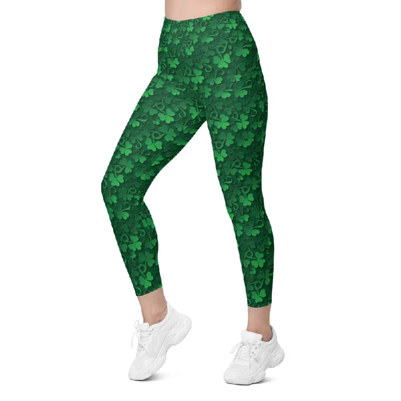 High-Waisted Compression Leggings for Yoga -Irish 3D Shamrocks Leggings with Pockets