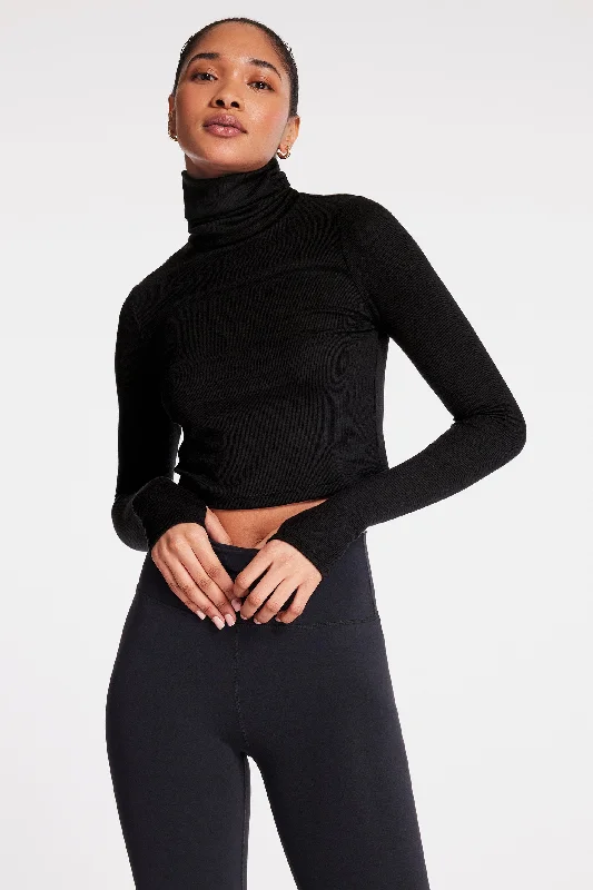 Women's Yoga Tops with Full Coverage -Jackson Rib Cropped Turtleneck - Black