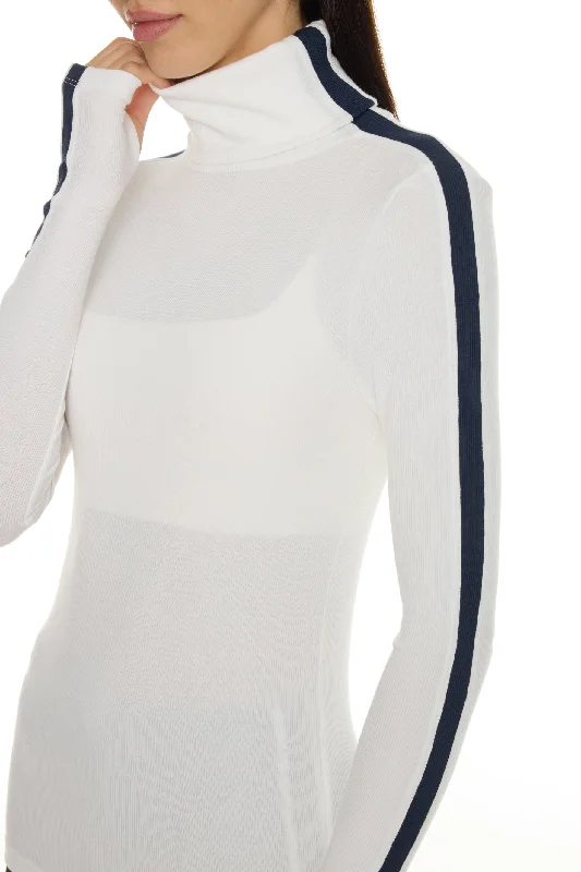 Comfortable Yoga Tops for Long Poses -Jackson Rib Full Length Turtleneck - White/Indigo