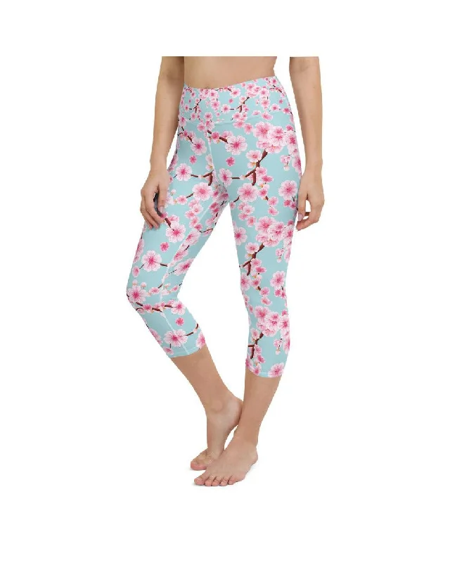 Soft and Breathable Yoga Pants -Japanese Cherry Blossom Yoga Capris