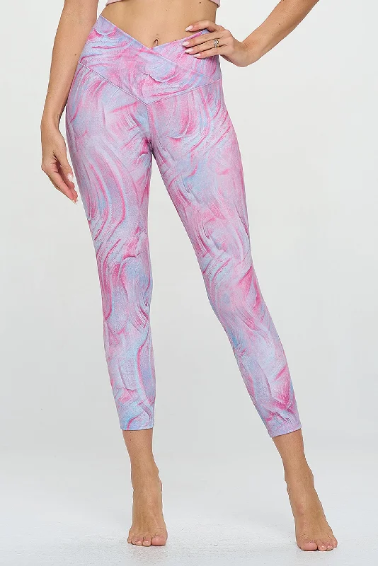 Yoga Pants for Hot and Warm Yoga -Kate - Pink Marble Glaze - Cross Over - Capri Legging (High-Waist)