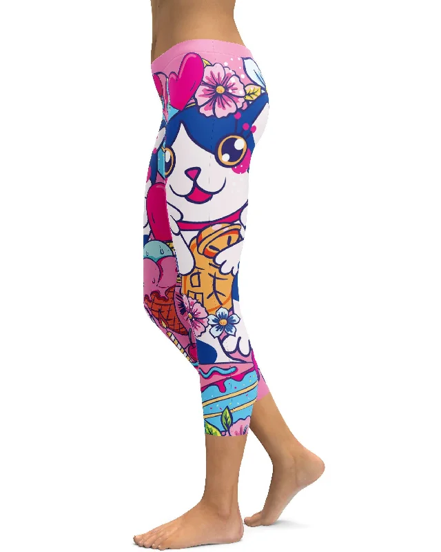 Yoga Pants with Soft Waistband -Kawaii - Lucky Cat Capris