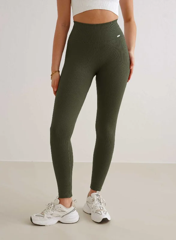Yoga Pants for Intense Stretching -Khaki Ribbed Seamless Tights